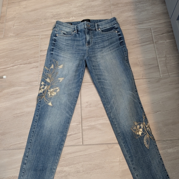 White House Black Market Denim - White House Black Market Blue Skinny Jeans with Gold Floral Accents
